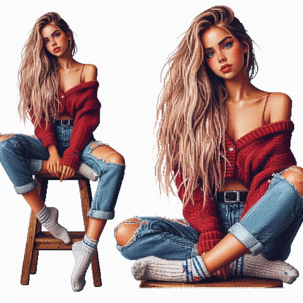 AI generated:  Watercolor pixel art, close shot, of a stunning blonde French woman with plump lips and a huge pony...