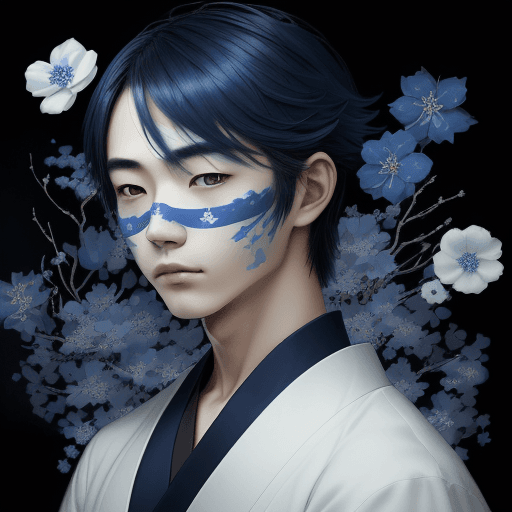 AI generated:  a beautiful picture of a japanese young man with blue flowers on her face, in the style of monochro...