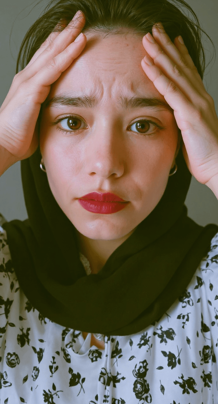AI generated: Close-up photo of a worried girl, with messy hair, hands on forehead, looking far, vibrant colors, d...