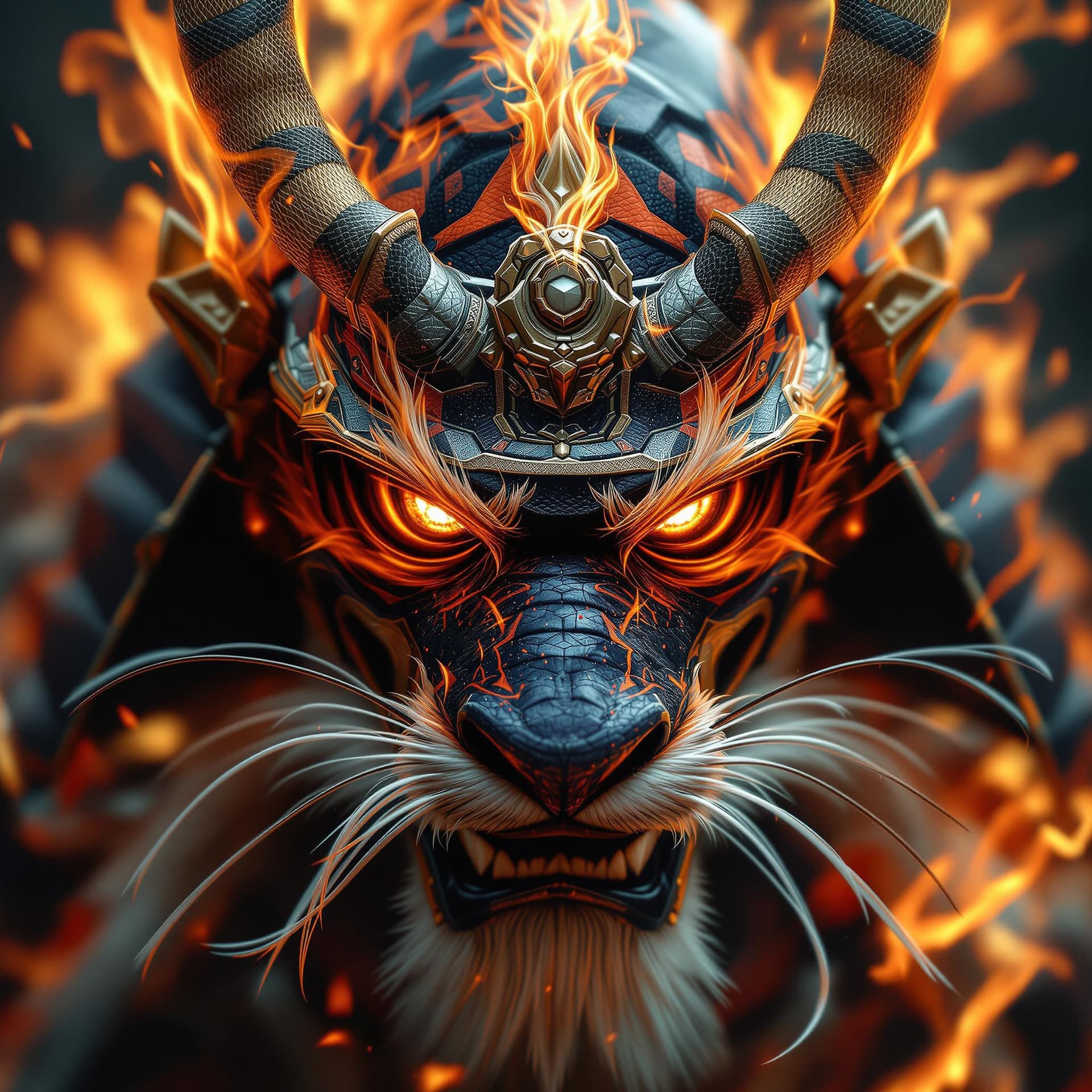 AI generated: samurai dragon, eyes of fire, tiger coloured helmet, close angle, 8k ultra realistic, photography li...