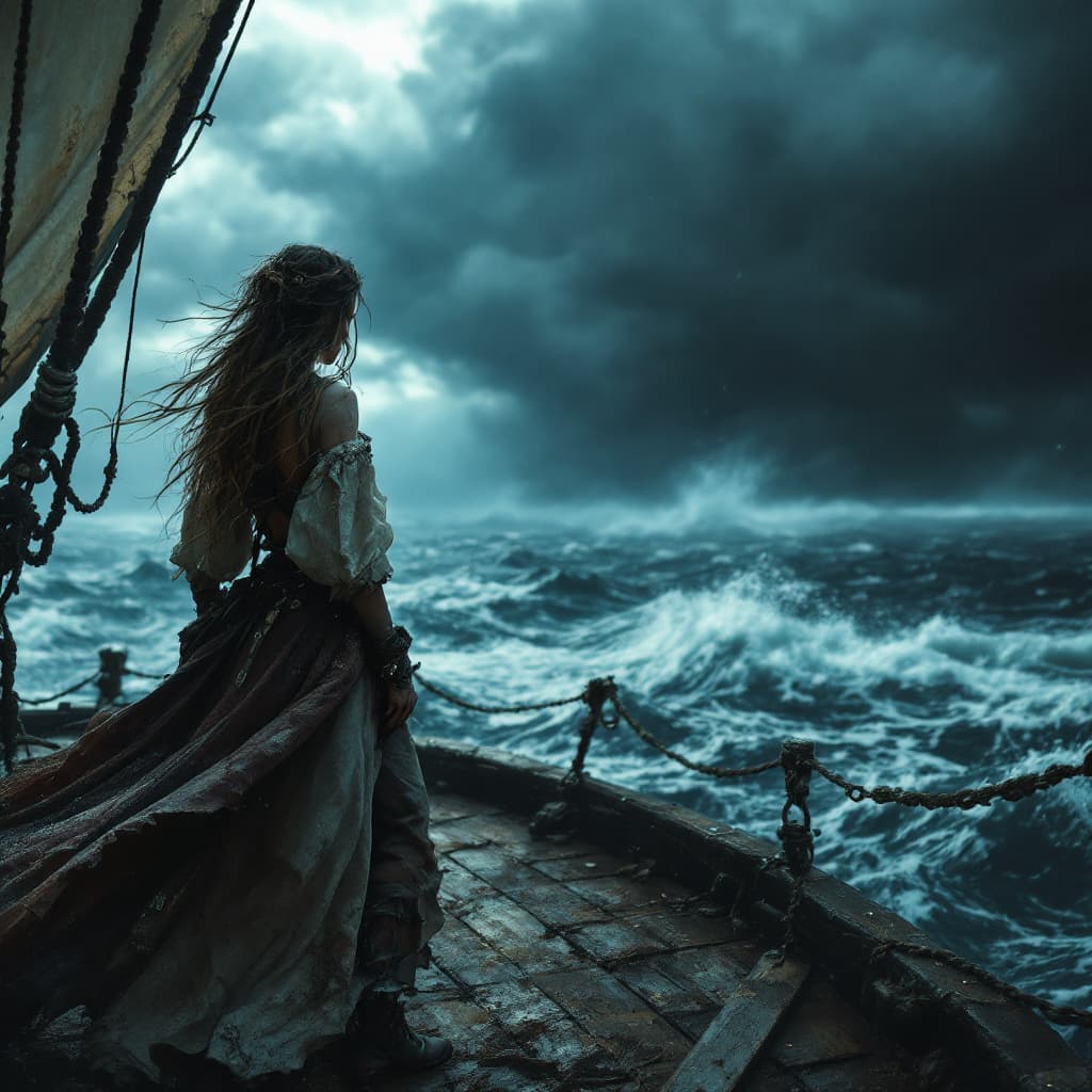 AI generated: A beautiful pirate lady standing on the deck in old, sanded clothes, pov capture, middle of action, ...
