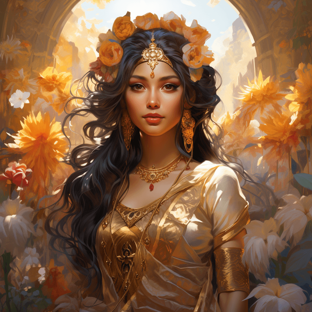 AI generated: Radha, the hindu goddess of love and devotion, standing in a blooming flower garden, bathed in soft ...