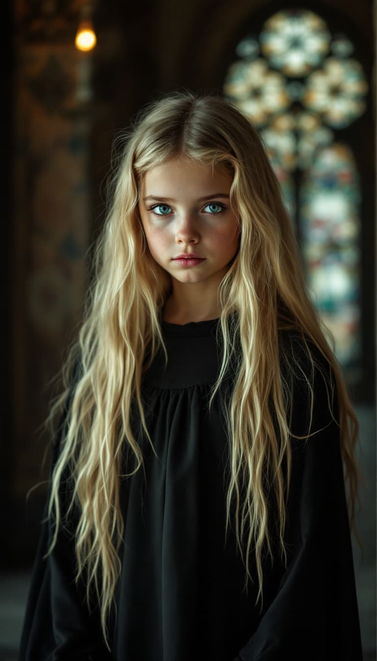 AI generated: a professional photo of a ten year old girl, with long blonde hair big blue eyes, standing on a alte...