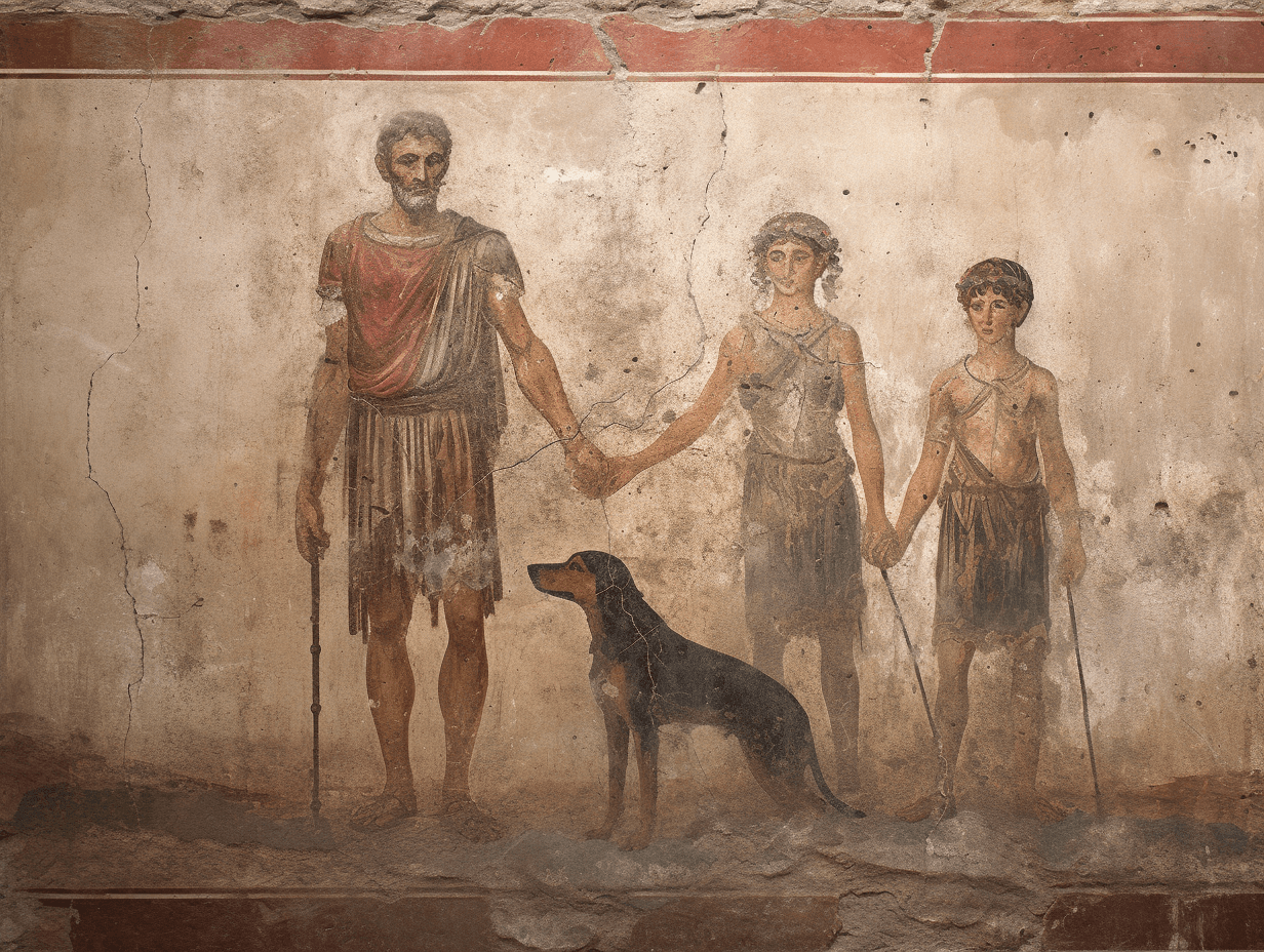 AI generated: Ancient Roman fresco, depicting three people with one dog and two leashes on the ground next to them...