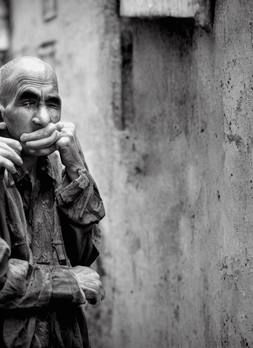 AI generated: a sad boy in an old city crying for his losses after war, in the style of Steve mccurry
