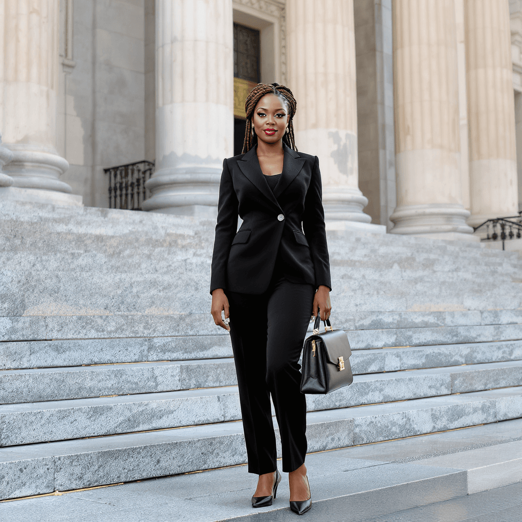 AI generated: full-body view: A highly detailed portrait of an African American female lawyer standing confidently...