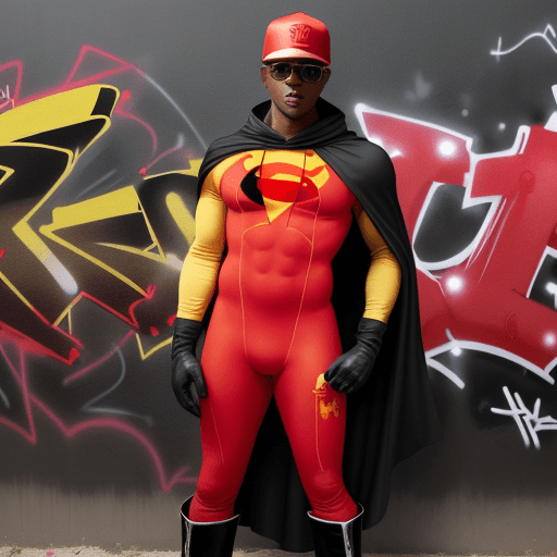 AI generated: a black man wear a cape, cowl, gloves, briefs, and boots are usually black in a red body suit costum...