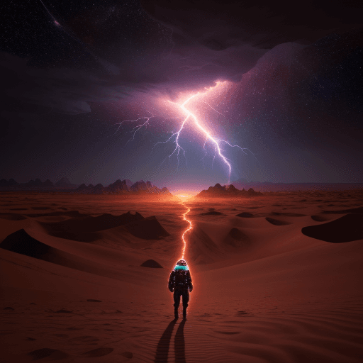 AI generated: gaia,space,desert scape,immersive,space exploration,exploring uncharted planets,dramatic lightning
