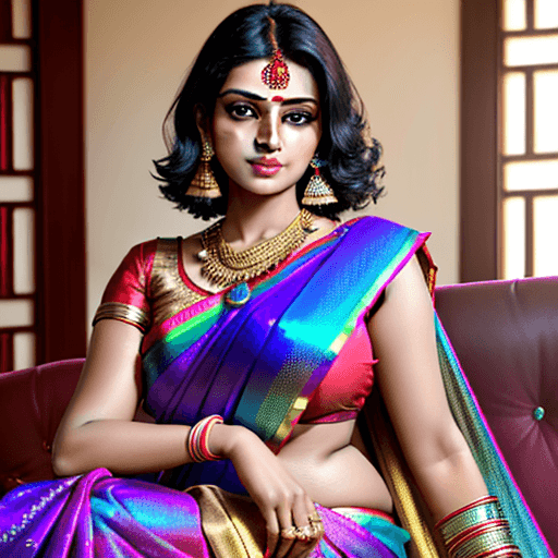 AI generated: Bold and gorgeous young indian mothers wearing shiny rainbow saree, golden ornaments, red blouse, bl...