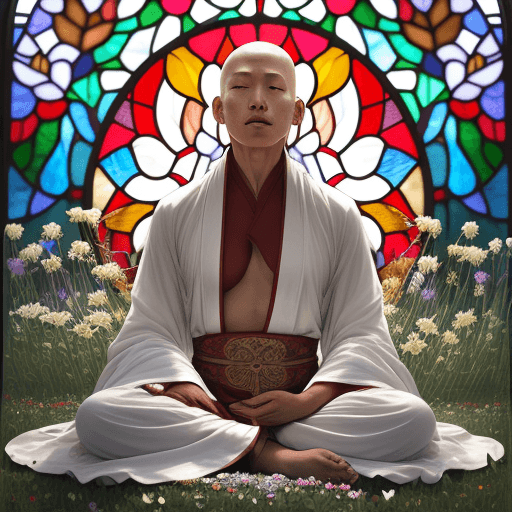 AI generated: a vibrant stained glass art piece of a Tibetan monk  meditating in a field of flowers, white motif, ...