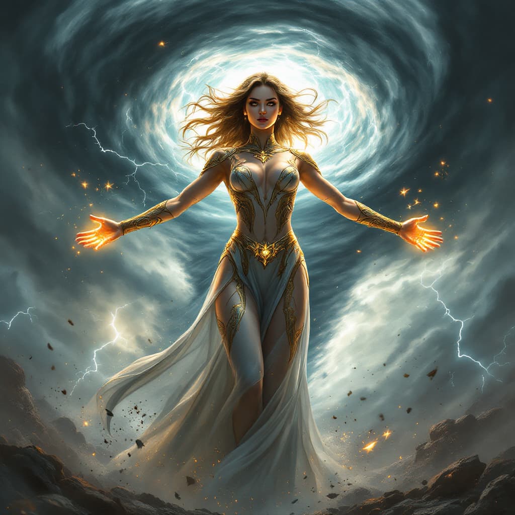 AI generated: A graceful and powerful female hero, wearing a rich vinotinto suit adorned with intricate gold and s...