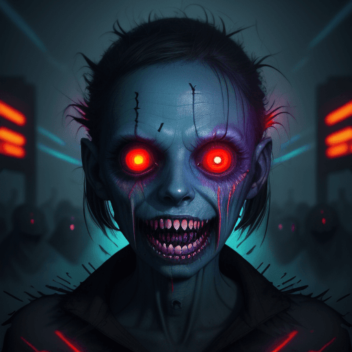 AI generated: electric festival by beeple i undead creature eyes and teeth with glowing eyes and burning face by D...