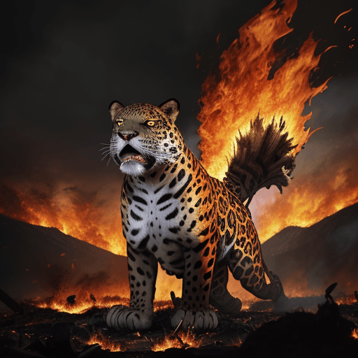 AI generated: A HUGE ROARING jaguar, standing in front of the camera in a battlefield setting, looking straight ah...