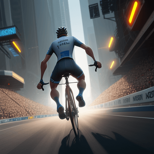 AI generated: Photo 3 cyclist to the finish line, action, cinematic lighting, disney cartoon vibes, focused, extre...