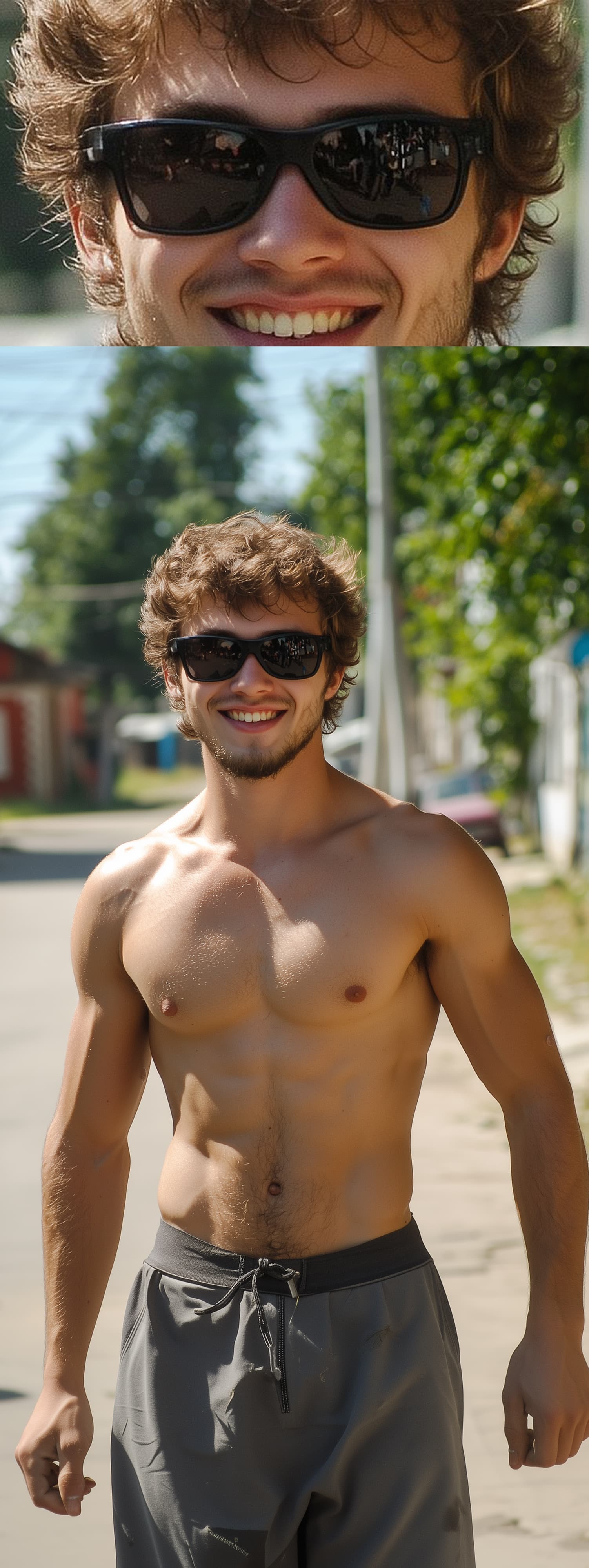 AI generated: In the summer of 2007, in Russia, on an empty street near his house and village, a very friendly smi...