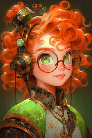 AI generated: A quirky and eccentric inventor, Disney style, with messy makeup, oil painting by Ray Donley, sparkl...