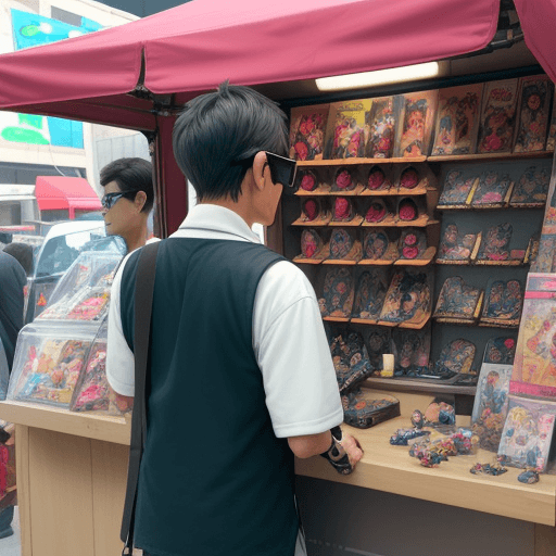 AI generated: anime male street vendor behind booth with toys with augmented reality glasses on

