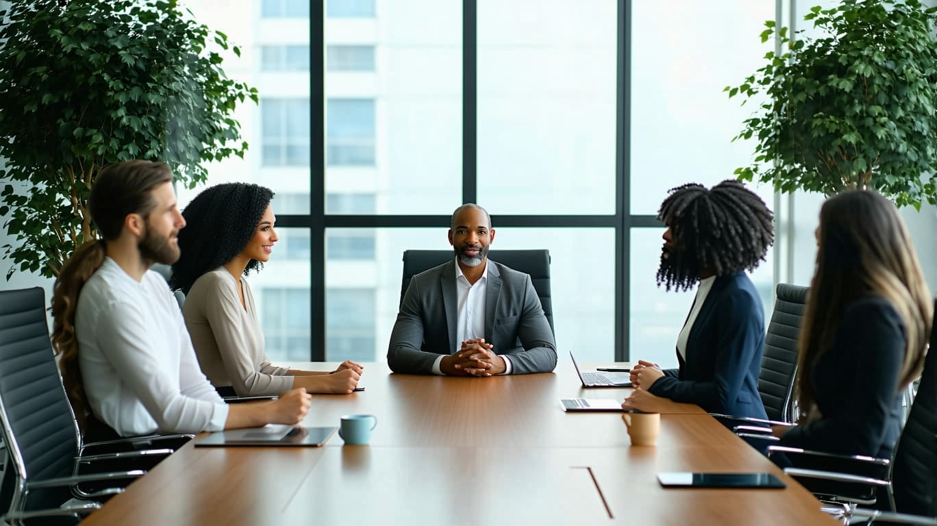 AI generated: /imagine prompt: Photorealistic conference room at 8K resolution, 45-year-old Caucasian CEO (skin po...