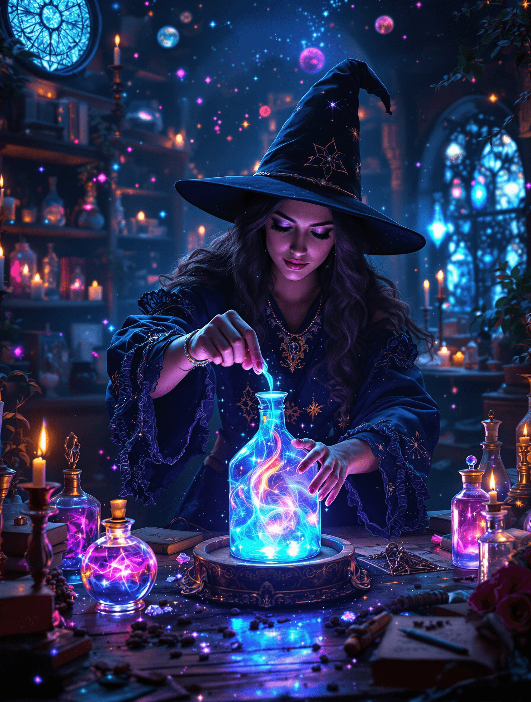 AI generated: A **mystical witch’s potion room**, dimly illuminated by the **ethereal glow of enchanted candles an...