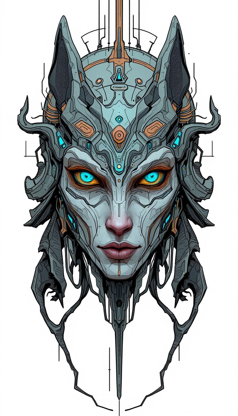AI generated: an abstract head with animallike features, in the style of futuristic cyberpunk, james jean, light b...