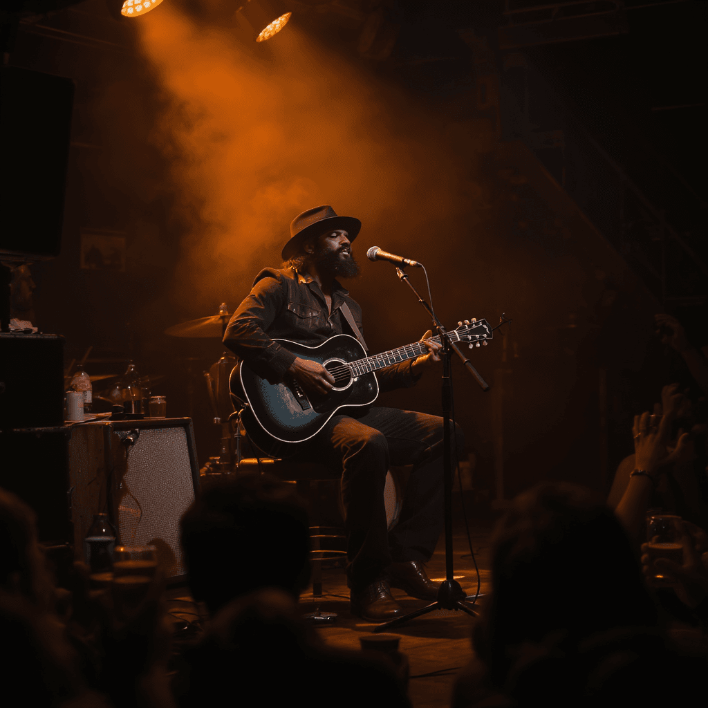 AI generated: a soulful blues singer sitting on a small wooden stage in a smoky bar, holding an acoustic guitar, v...