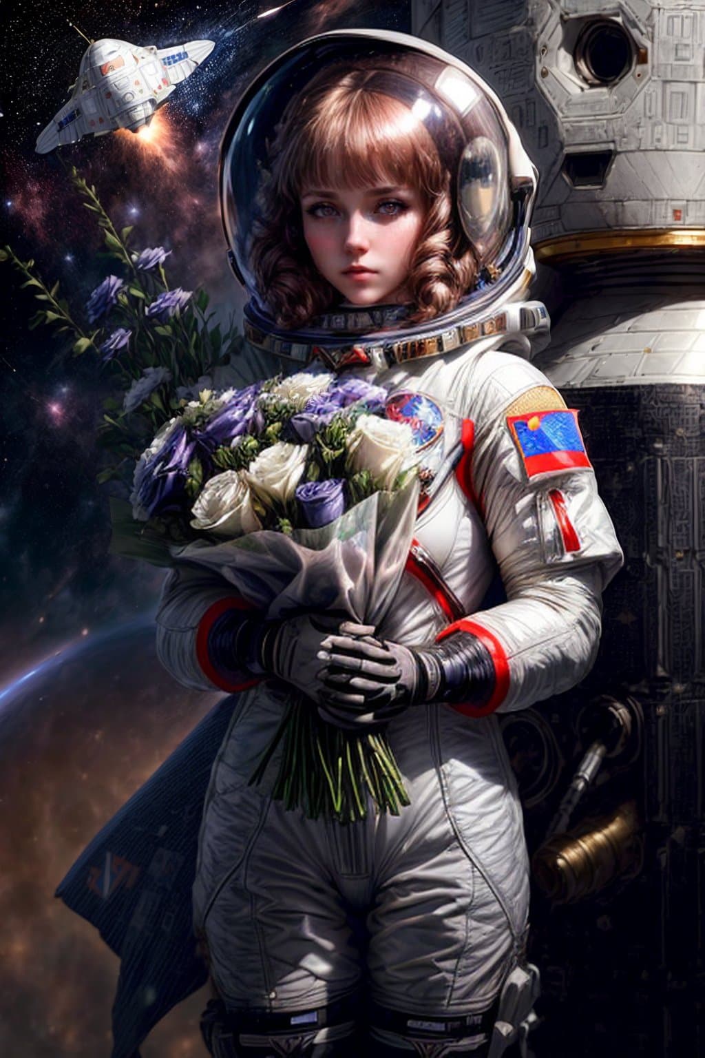 AI generated: (a russian woman in a space suit:1.3), (Russian coat of arms:1.2), (holding a bouquet of flowers:1.2...