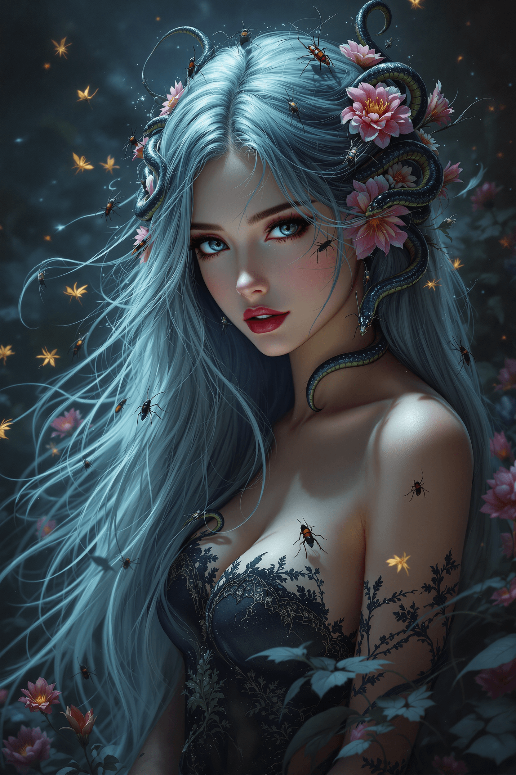 AI generated: contrast between dark and stunning atmosphere, a long-haired breathtaking woman with insects, flower...