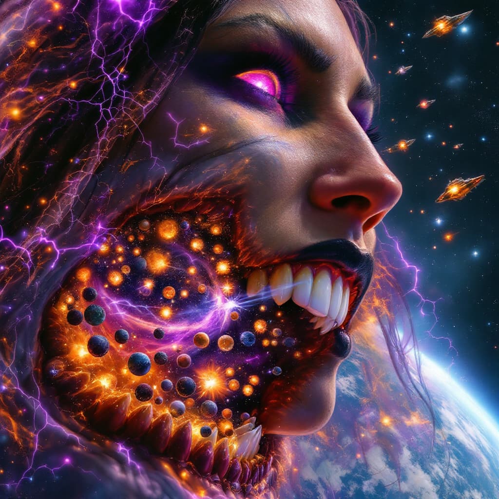 AI generated: enormous giantess Rhea Ripley  from WWE
bigger than a galaxy floating in space, minuscule galaxies i...