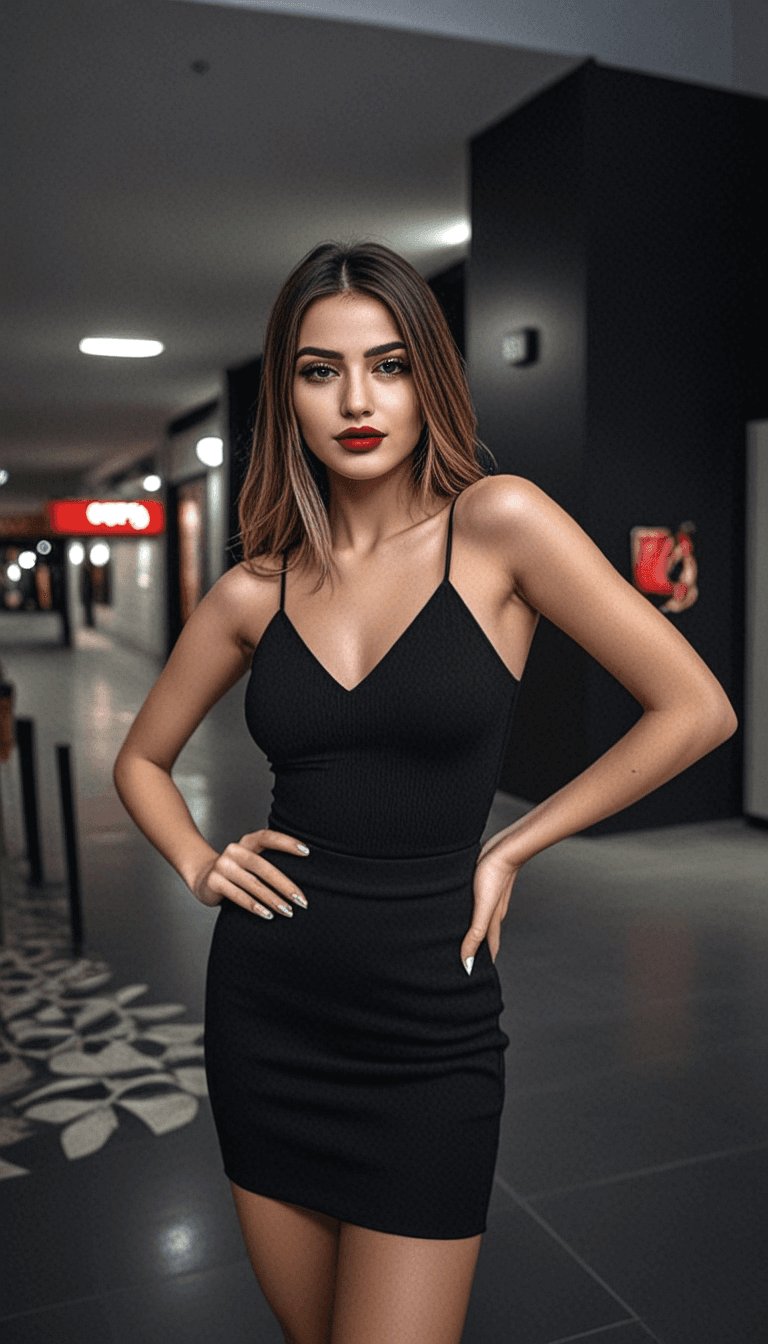 AI generated: Woman standing confidently, black dress with spaghetti straps, left hand on hip, right hand on thigh...