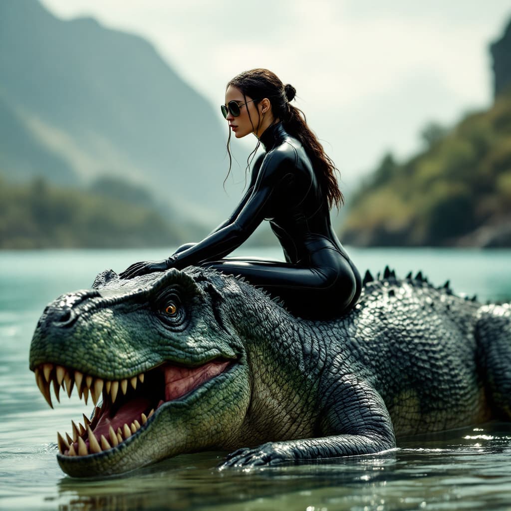 AI generated: Woman (resembling Lara Croft) Is sitting stradling on tired green T-Rex and riding on it, enjoying i...