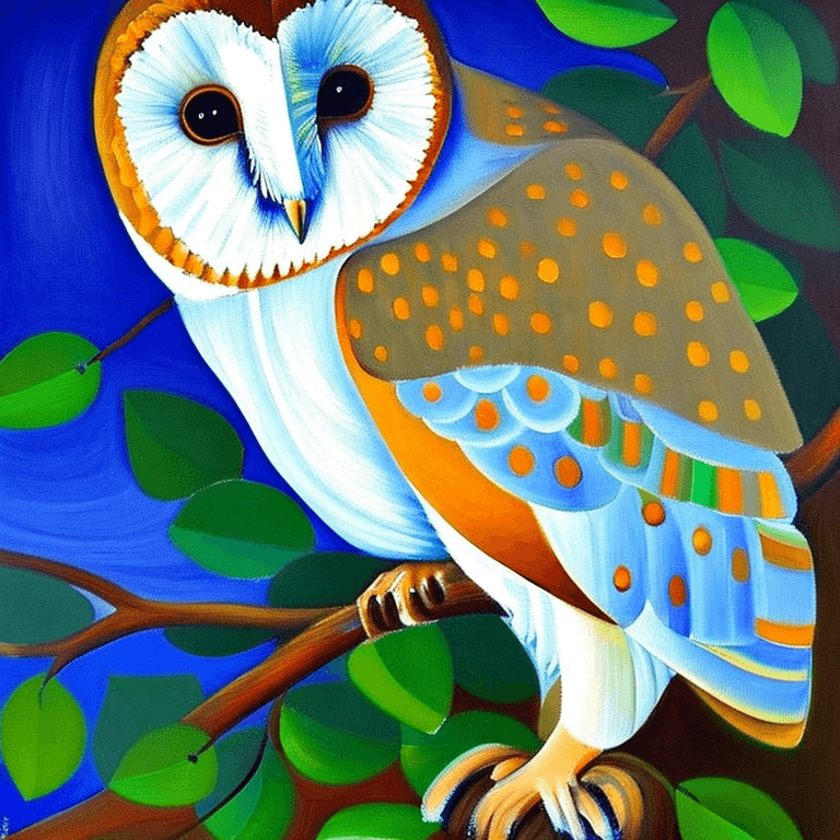 AI generated: Ralistic, ((Masterpiece, best quality)), cute barn owl perching on branch in dream park, in full vie...