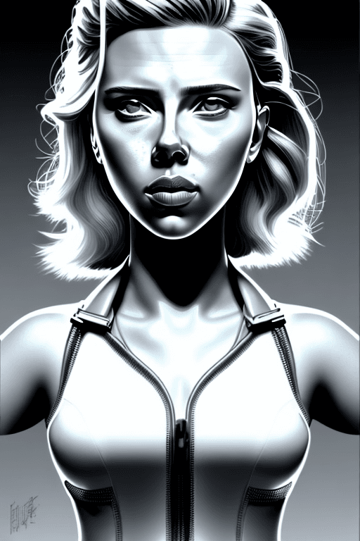 AI generated: A shockingly detailed monochromatic vector illustration of "Scarlett Johansson" unaliasing an anomal...