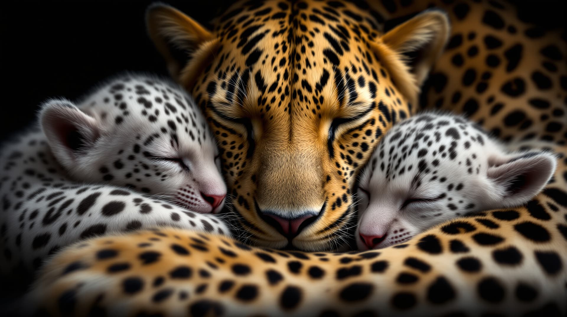 AI generated:  Image is a digital artwork featuring a close-up of a leopard and two cubs sleeping peacefully. The ...