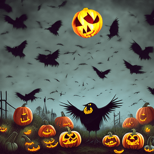 AI generated: zombie and pumpkins on a spooky night in a garden whit crows in the sky flying around, 8k, high deta...