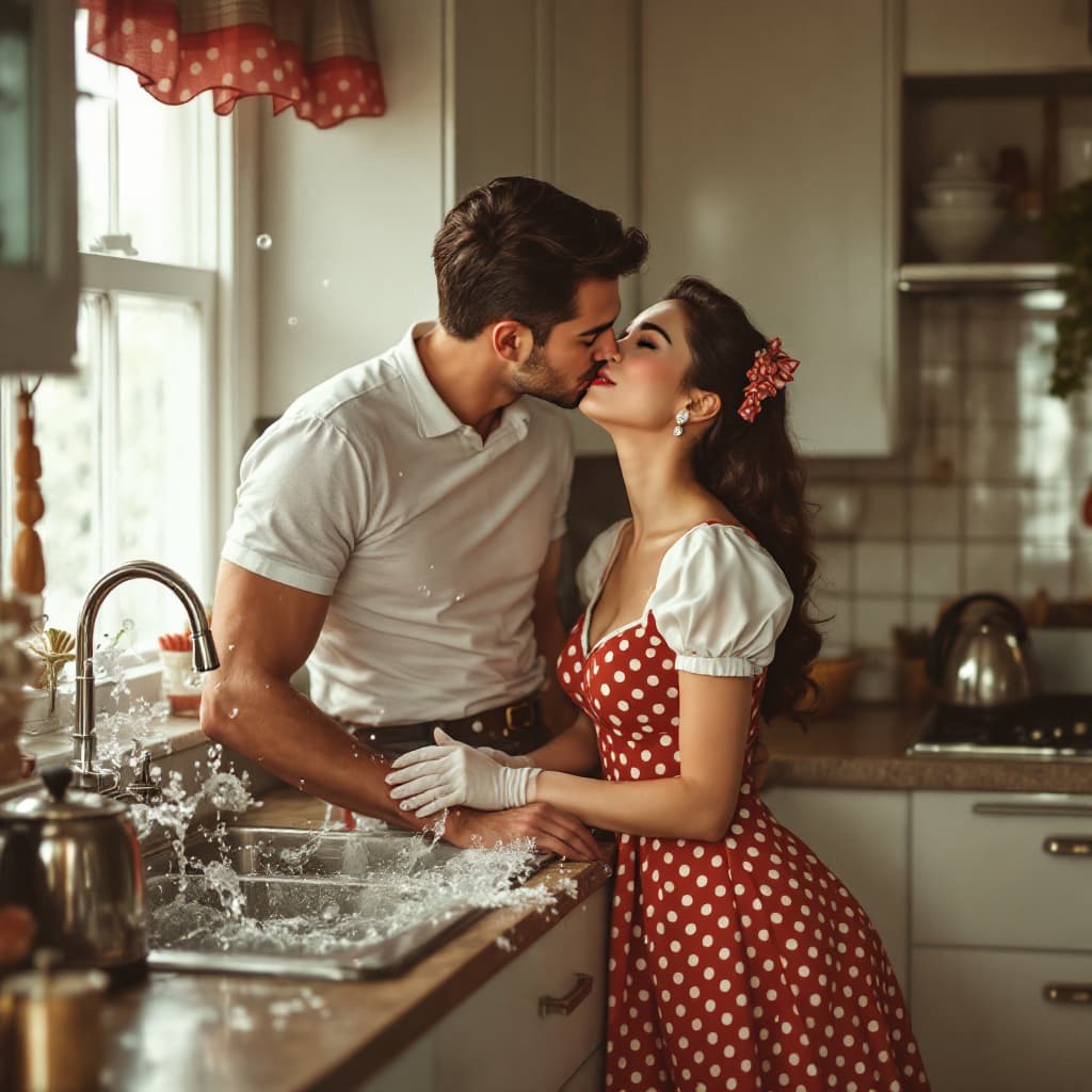 AI generated: a handsome man kissing a beautiful swooning asian as she leans against the overflowing sink in a bea...