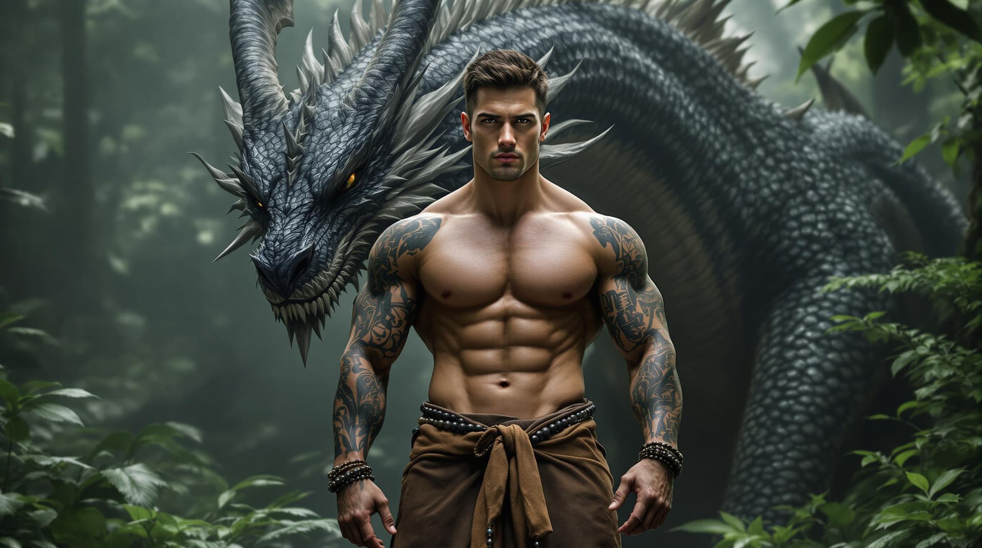 AI generated:  A muscular man standing confidently in a lush, misty forest setting. He has a strong presence, show...