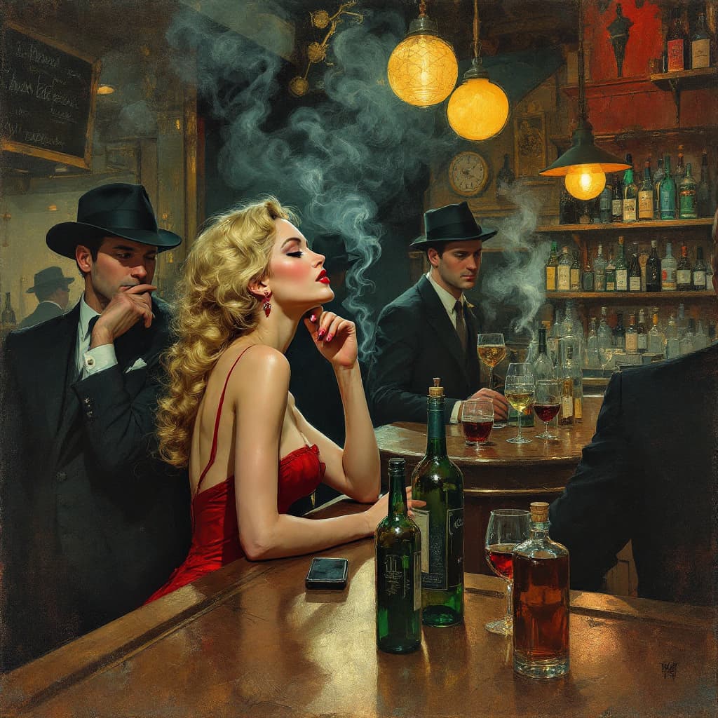 AI generated: Edward Hopper style, woman in bar, jazz music playing, blonde hair, red dress, men around with hats,...