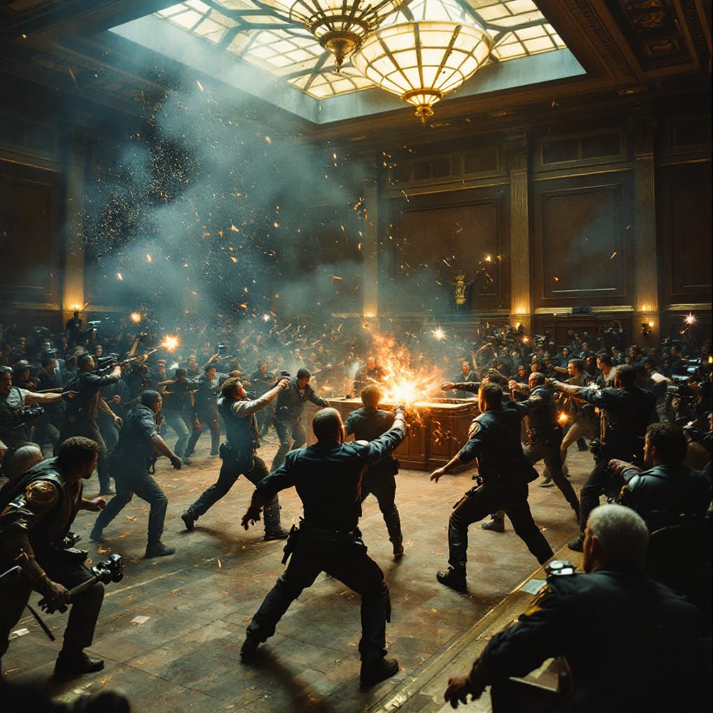 AI generated: wide shot, every people fighting in 1990's court room, crowd of dozen of hundred people fighting., R...