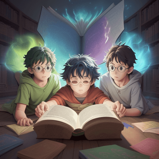 AI generated: The three boys open up large magical book. Immense colourfull glow radiates from the book. Large rip...