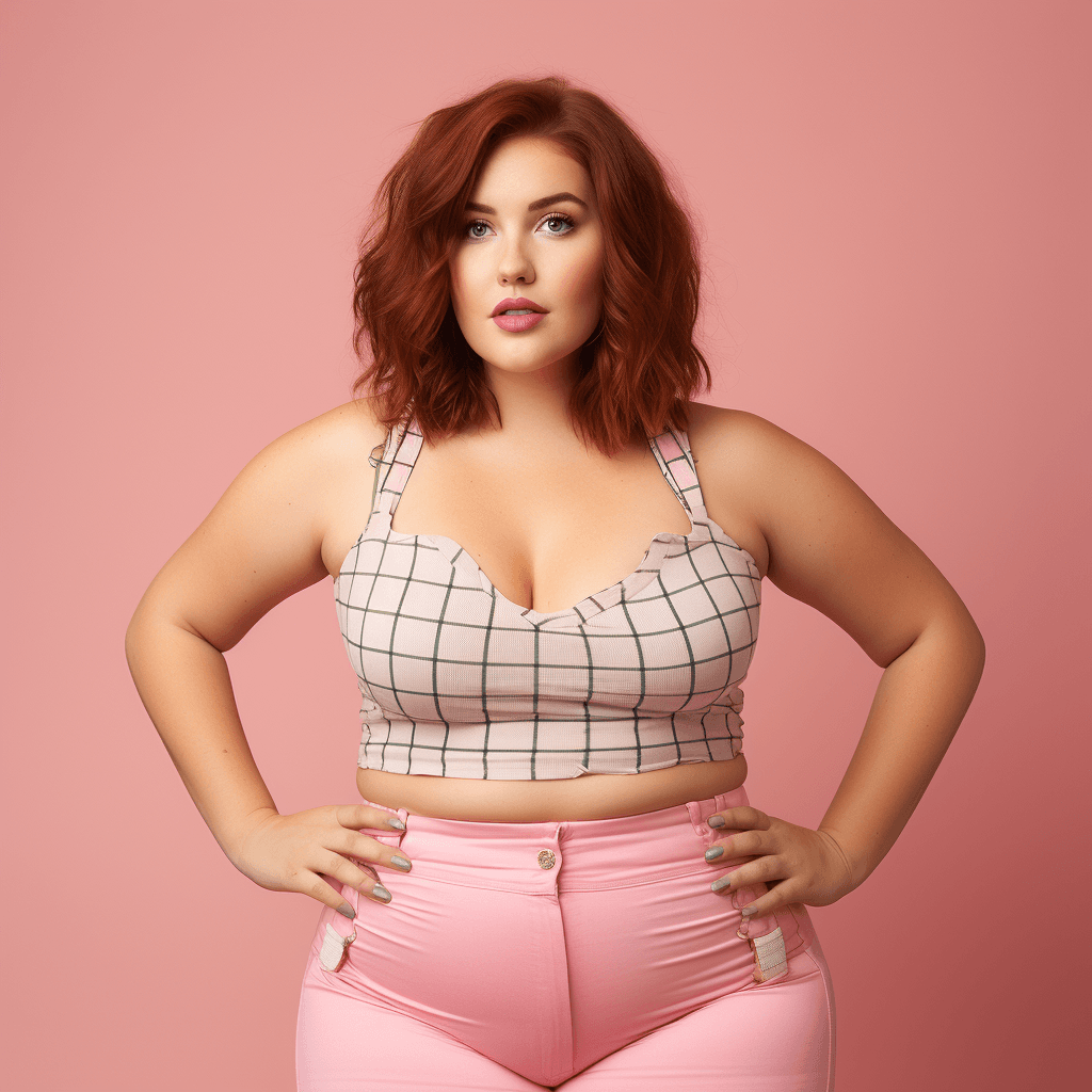 AI generated: Vogue style photo shoot of beautiful chubby 20 year old woman as character therock from detailed She...