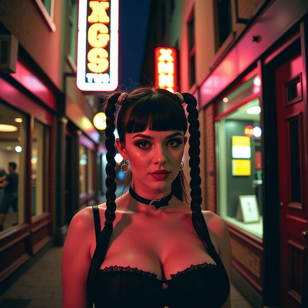 AI generated: Neo-noir scene, Wednesday Addams cosplay, alleyway at night, neon signs reflecting, chiaroscuro ligh...