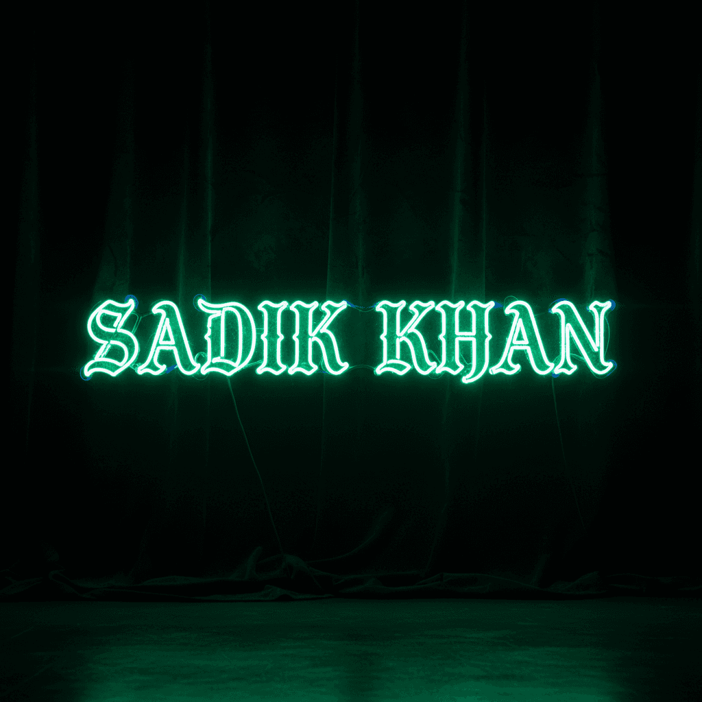 AI generated: high resolution rendering, front shot, gothic style neon lettering "Sadik Khan", neon green color wi...
