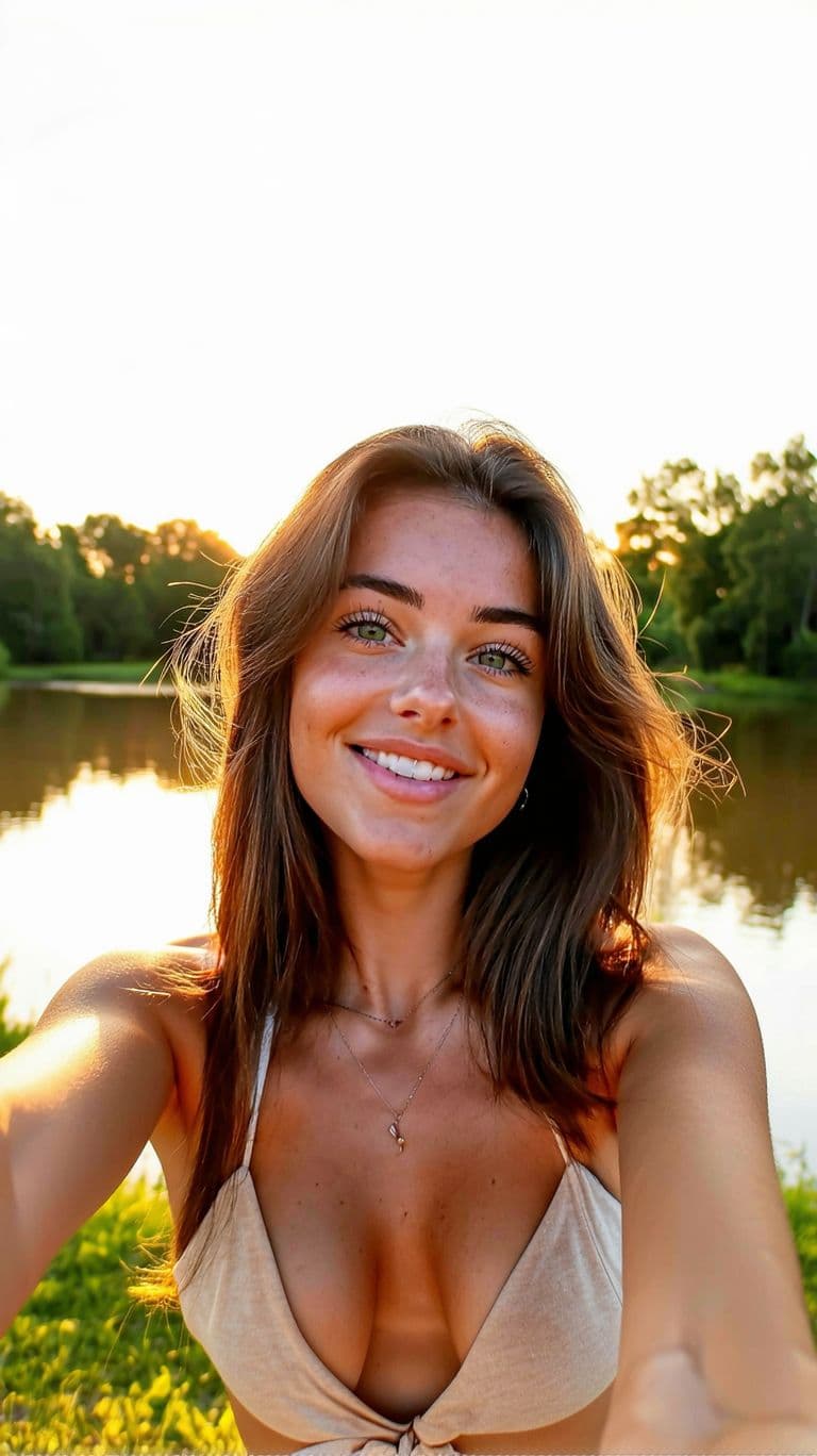 AI generated: A hyper-realistic portrait of an attractive 20-year-old woman taking a selfie in a park during sunse...