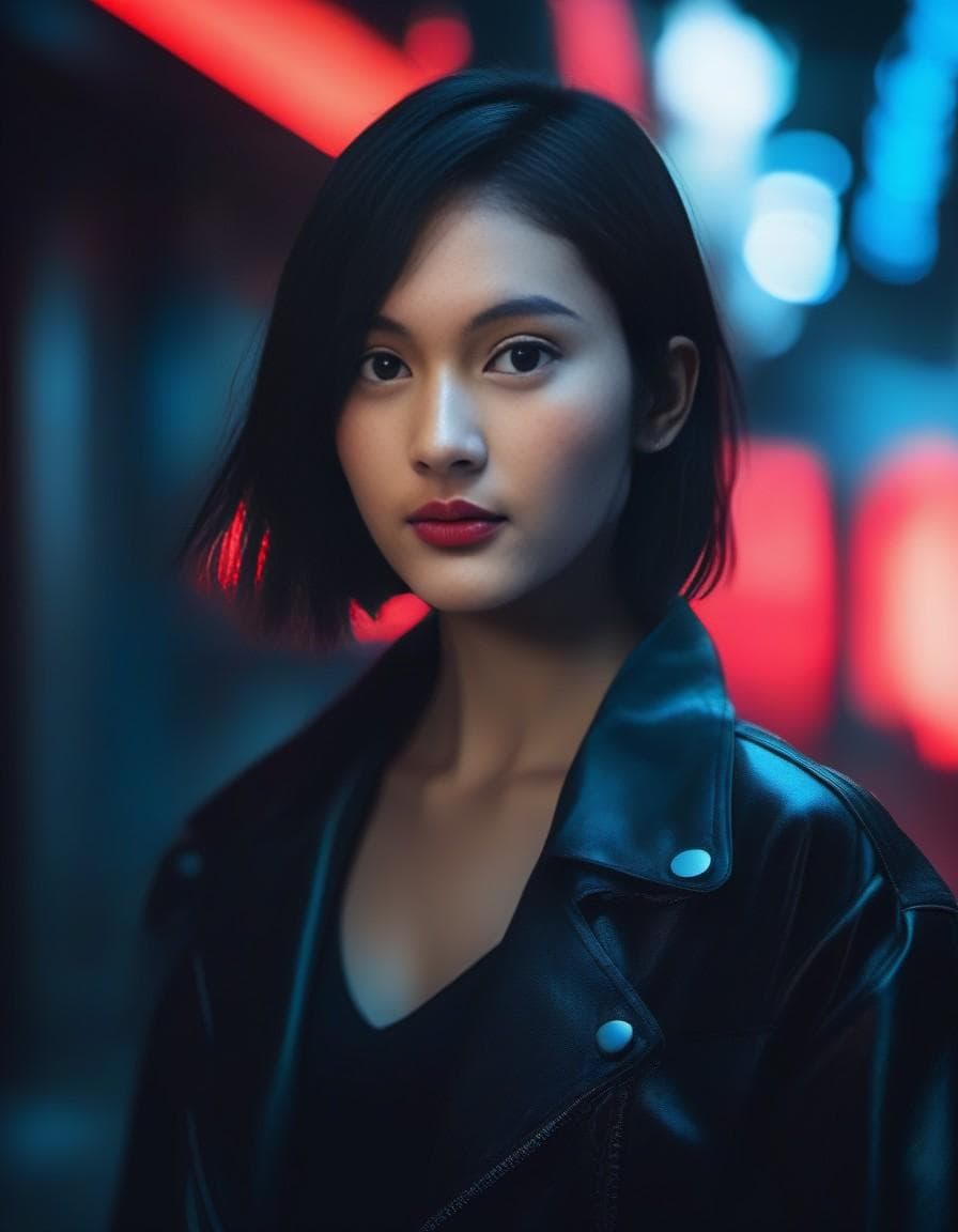 AI generated: beautiful pale cyberpunk female with heavy black eyeliner, blue eyes, shaved side haircut, hyper det...