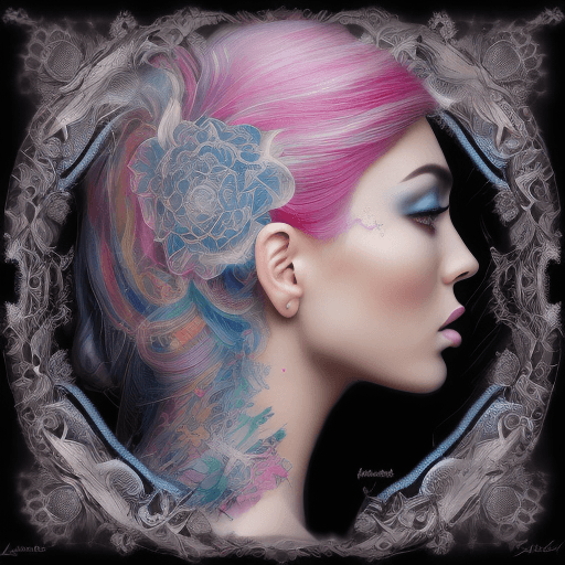 AI generated: beauty beautiful model prismatic tattoo designs by karimah,  rose pink hair coloring for a woman, in...