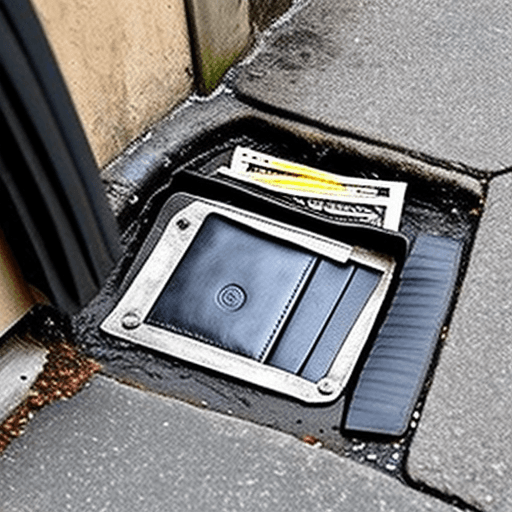 AI generated: A street drain with a open leather wallet with no cash or credit cards inside