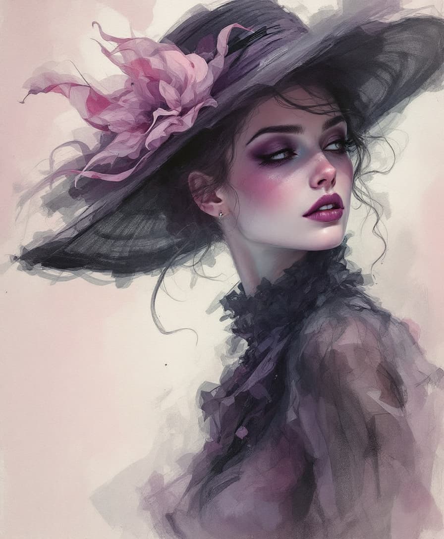 AI generated: Southern gothic woman, in old New Orleans with hat dressed in historical costume, in shades of purpl...