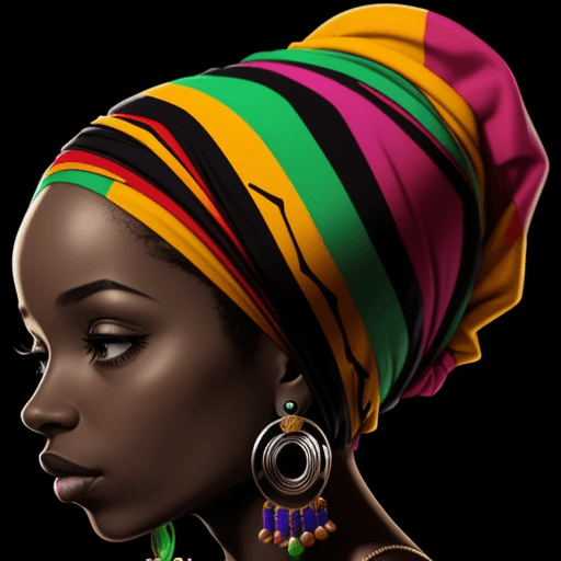 AI generated: Black silhouette of african american woman in a colorful head wrap and with an earring. Beautiful bl...