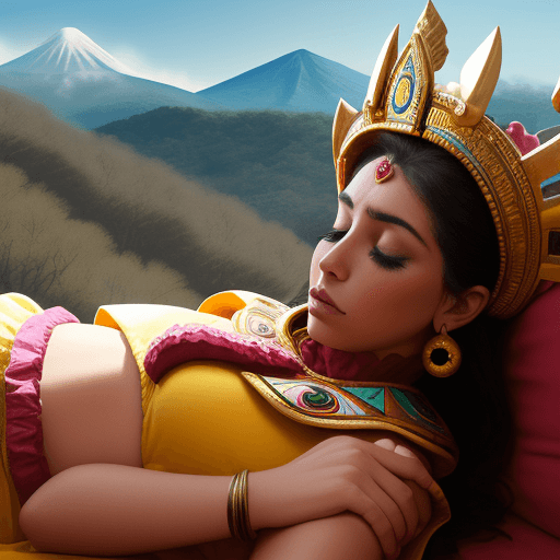 AI generated: princesa azteca hermosa durmiendo boca arriba recostada sobre una montaña vista de perfil
