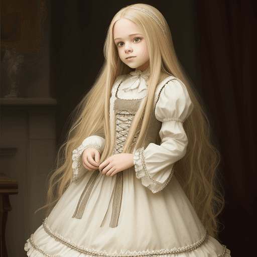 AI generated: Dreamy young girl with long blond hair wearing a lacey period dress